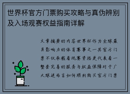 世界杯官方门票购买攻略与真伪辨别及入场观赛权益指南详解 世界杯官方门票购买攻略与真伪辨别及入场观赛权益指南详解