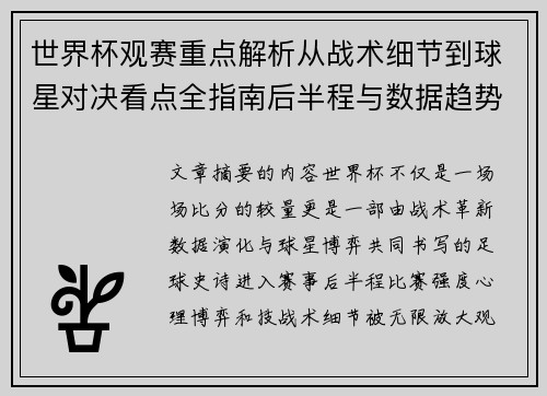 世界杯观赛重点解析从战术细节到球星对决看点全指南后半程与数据趋势